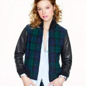 J.Crew Plaid Wool Bomber Jacket Faux Leather Sleeves -- Women’s Medium